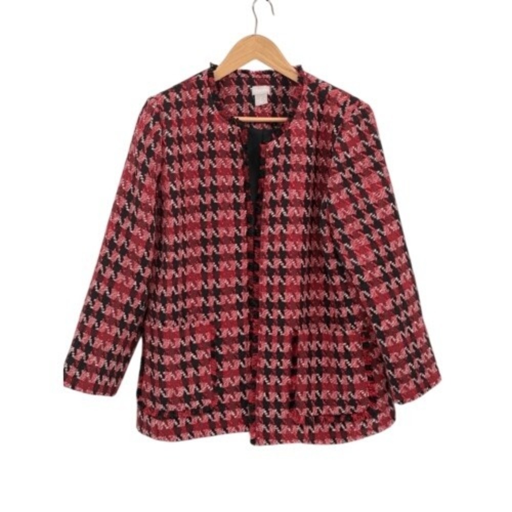Chico's Blazer Jacket‎ Tweed Women 8-10 Petite 1P Red Black Open Plaid Metallic